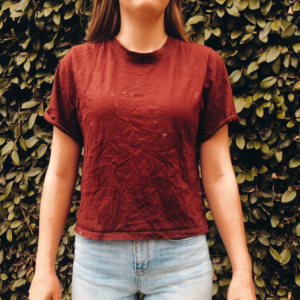 | dark red top with white splashes